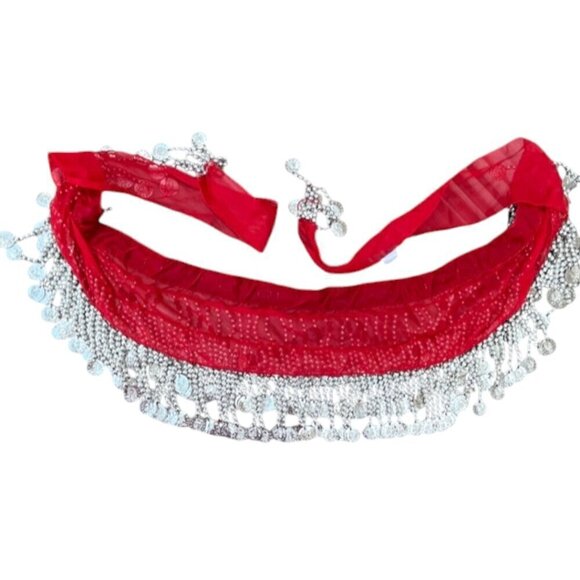 Chiffon Red Belly Dance Hip Scarf Colorful Gems Silver Coins and Bead Wrap Skirt - Picture 9 of 10